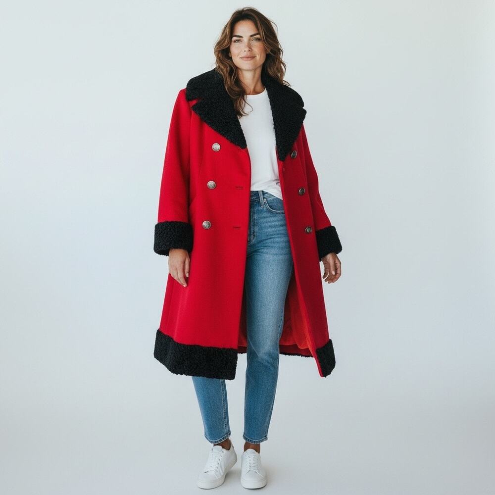 Vintage Mister Julius Red Coat 70s Double Breasted Sherpa Trim Maxi Peacoat